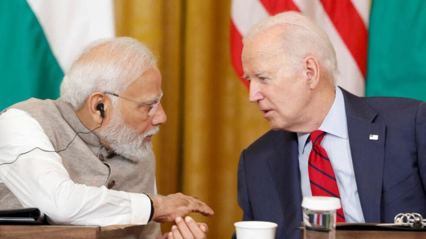 Tổng thống Hoa Kỳ Joe Biden (P) và thủ tướng Ấn Độ Narendra Modi hội đàm tại Nhà Trắng, Washington, Hoa Kỳ, ngày 23/06/2023.