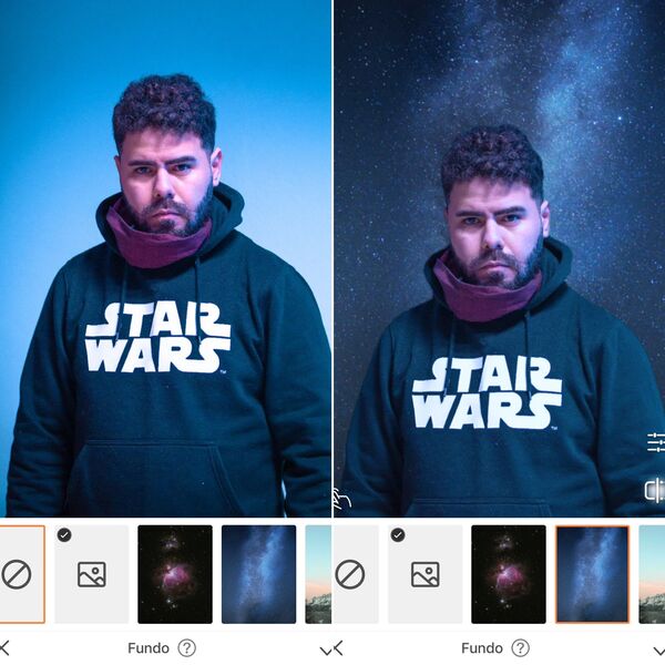 antes e depois de uma edição feita com o AirBrush inspirado em Star Wars