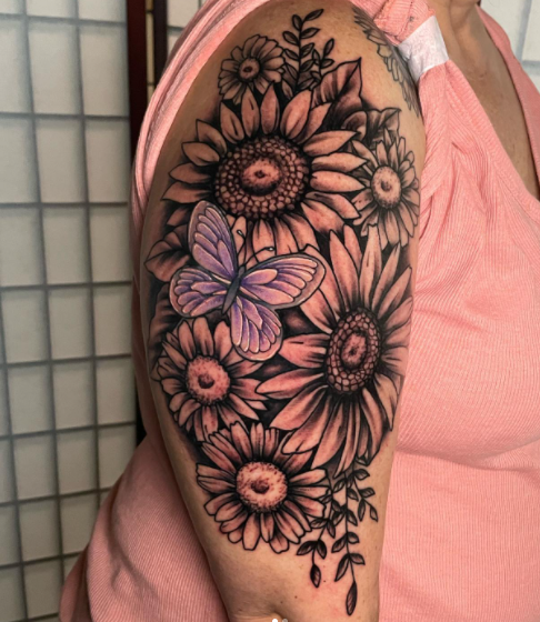 Beautiful Sunflower And Butterfly Tattoo