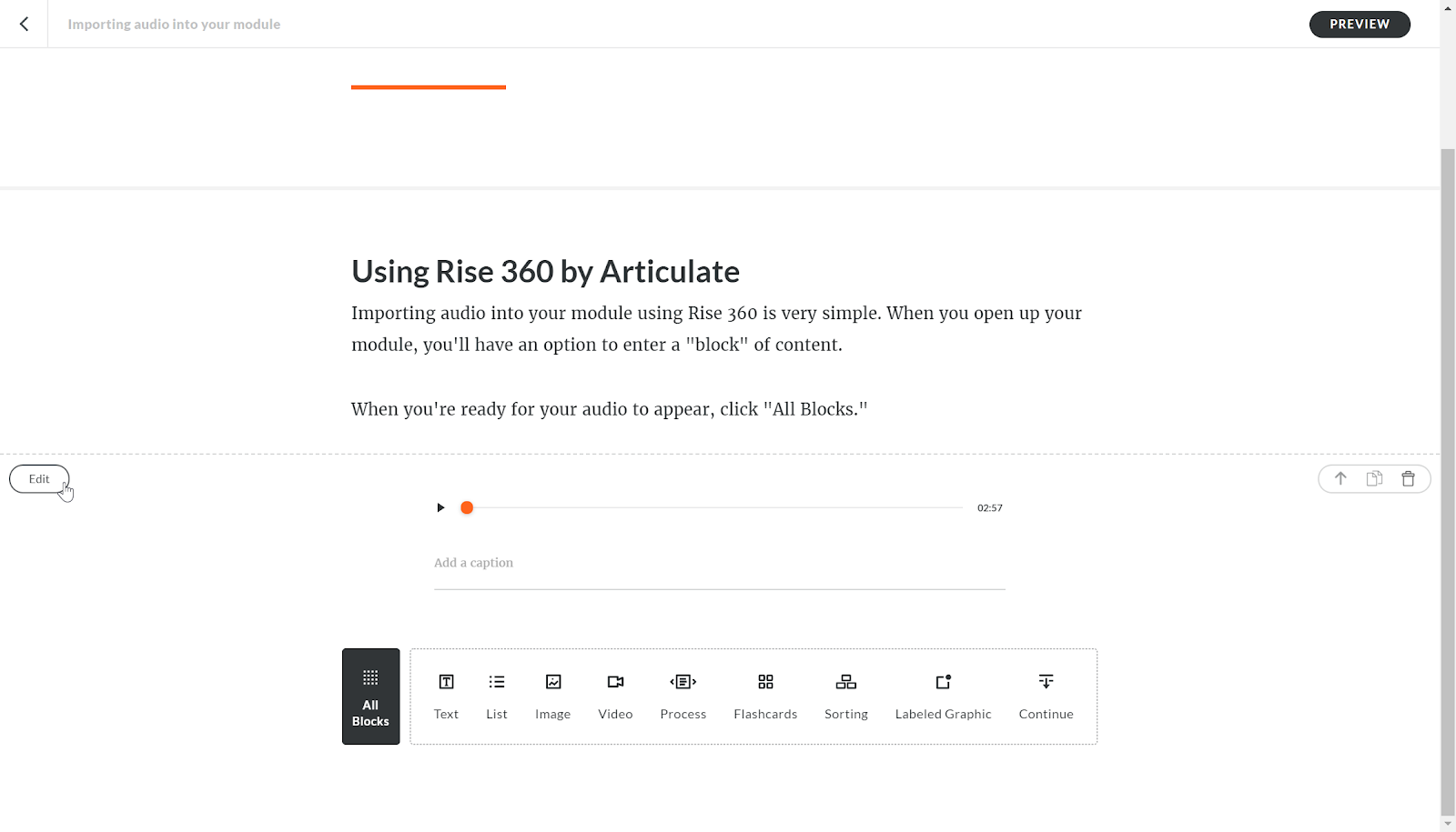Screenshot of rise 360 "edit audio" option