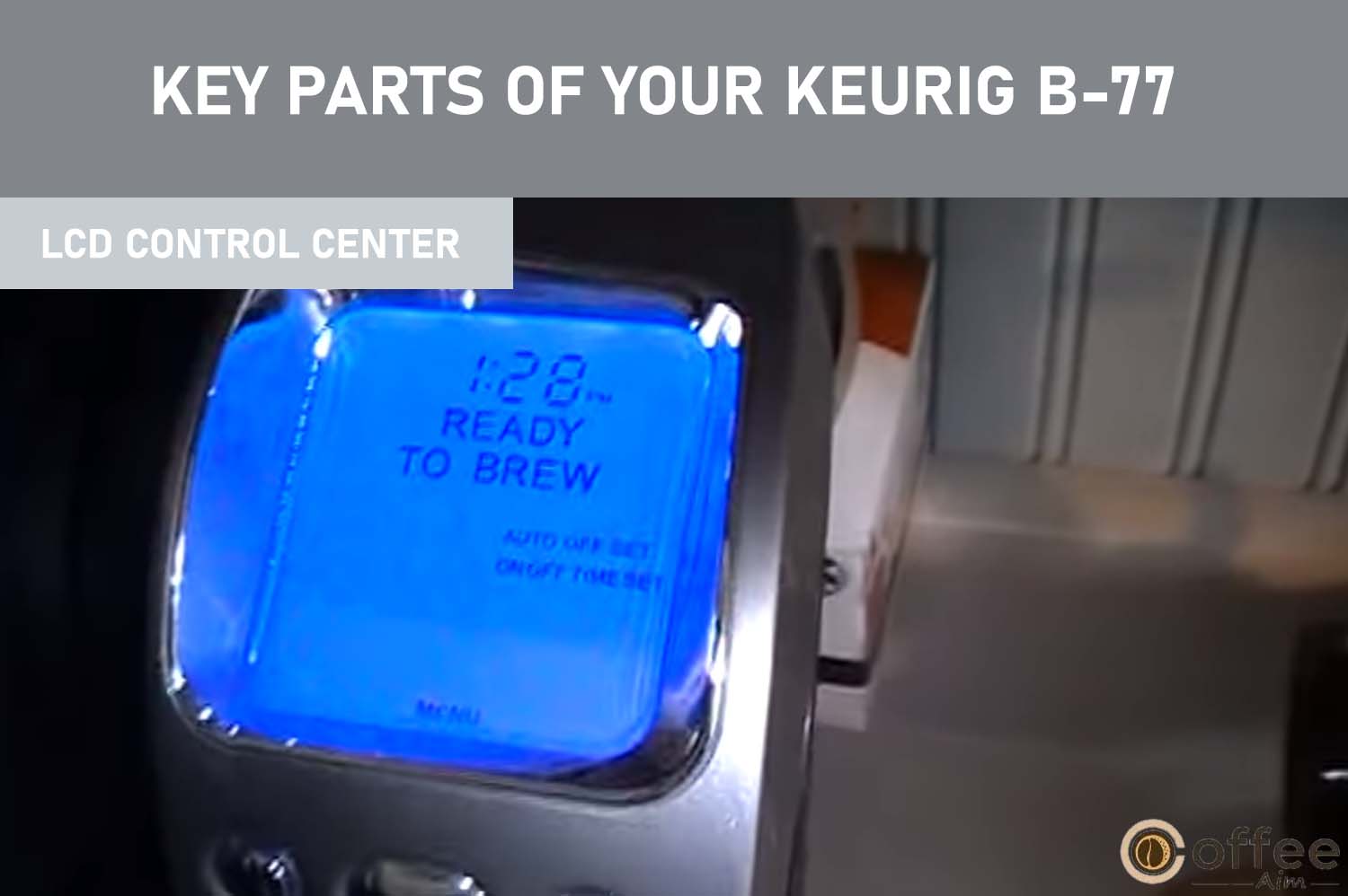 The LCD control center in the Keurig B-77 is a user-friendly feature located on the front side, displaying options and activities. It allows you to adjust brew temperature, size, and coffee strength with multiple buttons.