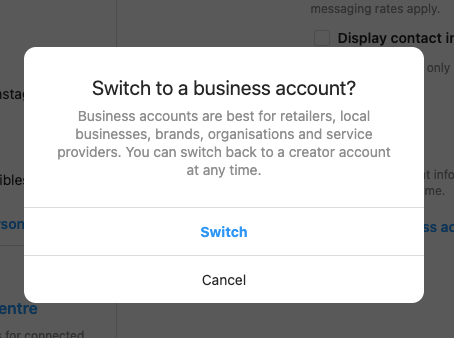 A reference image for switching to business account on Instagram