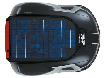 The mower's 12-watt solar photovoltaic solar cell panel keeps it running fuel-free.