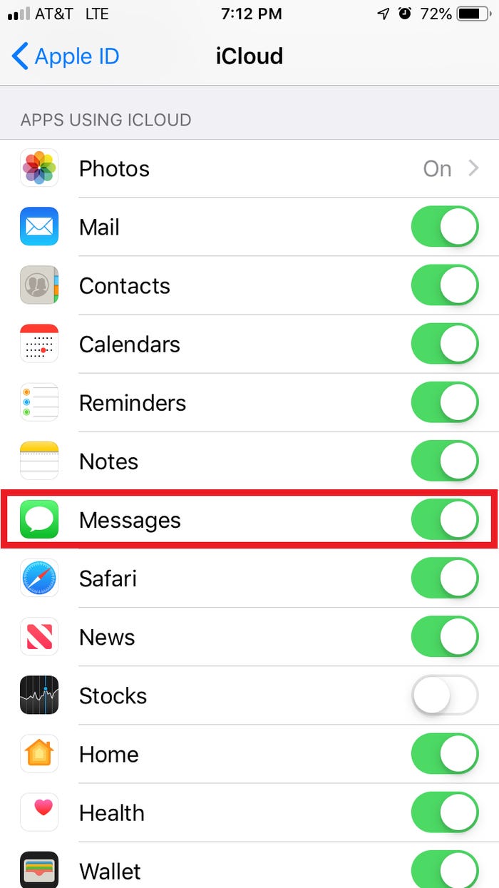 From iCloud, ensure that the green toggle next to Messages is enabled