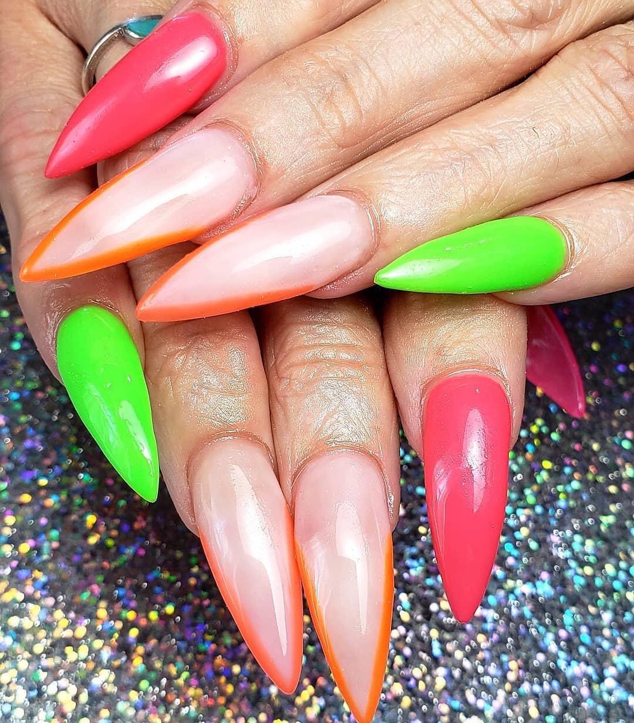 Neon Multi-color Stilleto Nails