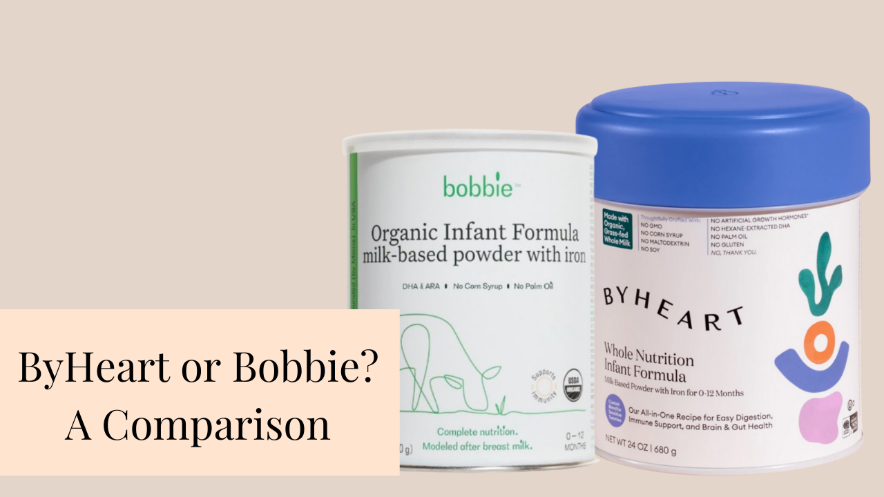 Can of Bobbie organic infant formula with can of ByHeart whole nutrition infant formula with comparison label