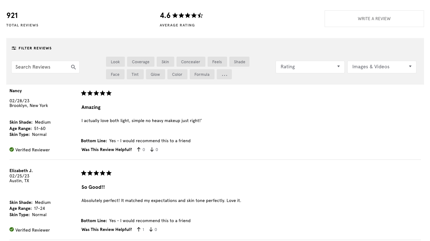 Custom-built Yotpo product review widget on Glossier using Yotpo APIs