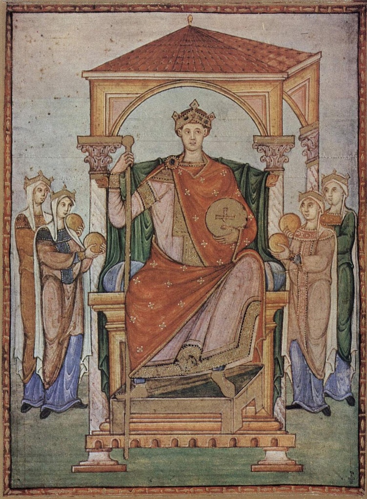 A medieval portrait of a Christian king on a throne, surrounded by acolytes. 