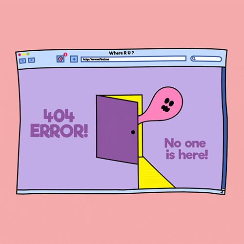 This gifs shows a cartoon version of a website not working with a 404 error. There's a partially open door with the head of a worm popping out who's exclaiming "No one is here!".