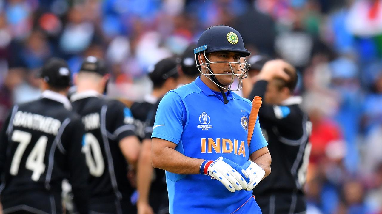 Former skipper MS Dhoni returning to the pavilion in the 2019 World Cup Semi-Final