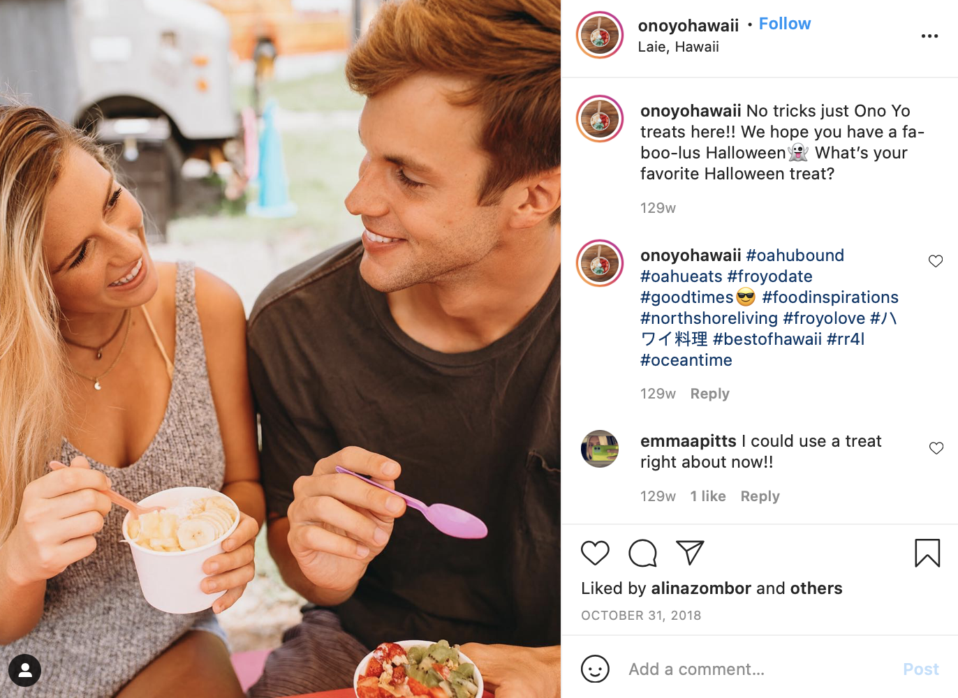 couple getting frozen yogurt together at Ono Yo treats