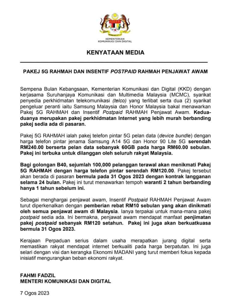 Insentif Postpaid Penjawat Awam - Rebat RM10/bulan