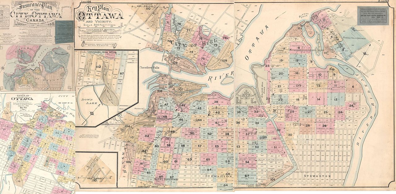 Map of the City of Ottawa Insurance Plan, 1888–1901 with business names and locations indicated