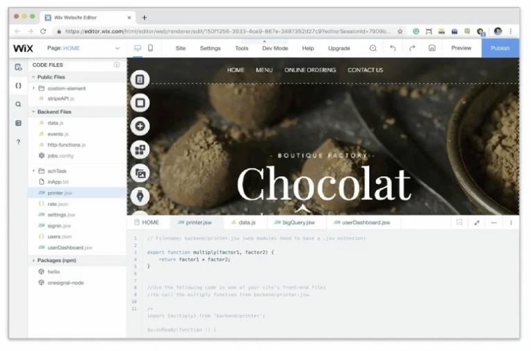 An interface with coding and the page says "boutique factory, chocolat".