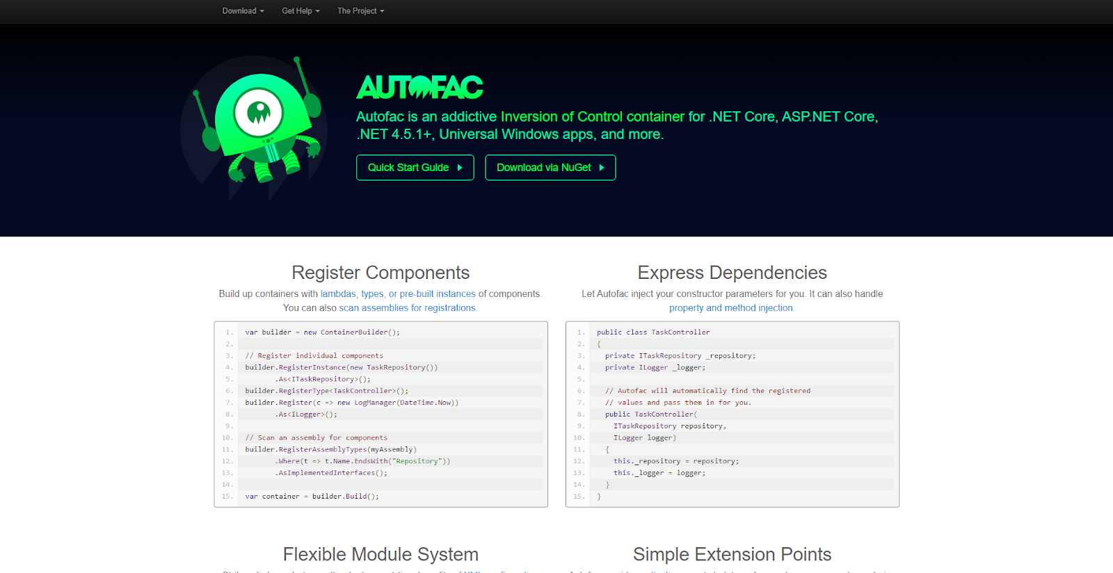 A screenshot of the Autofac landing page.
