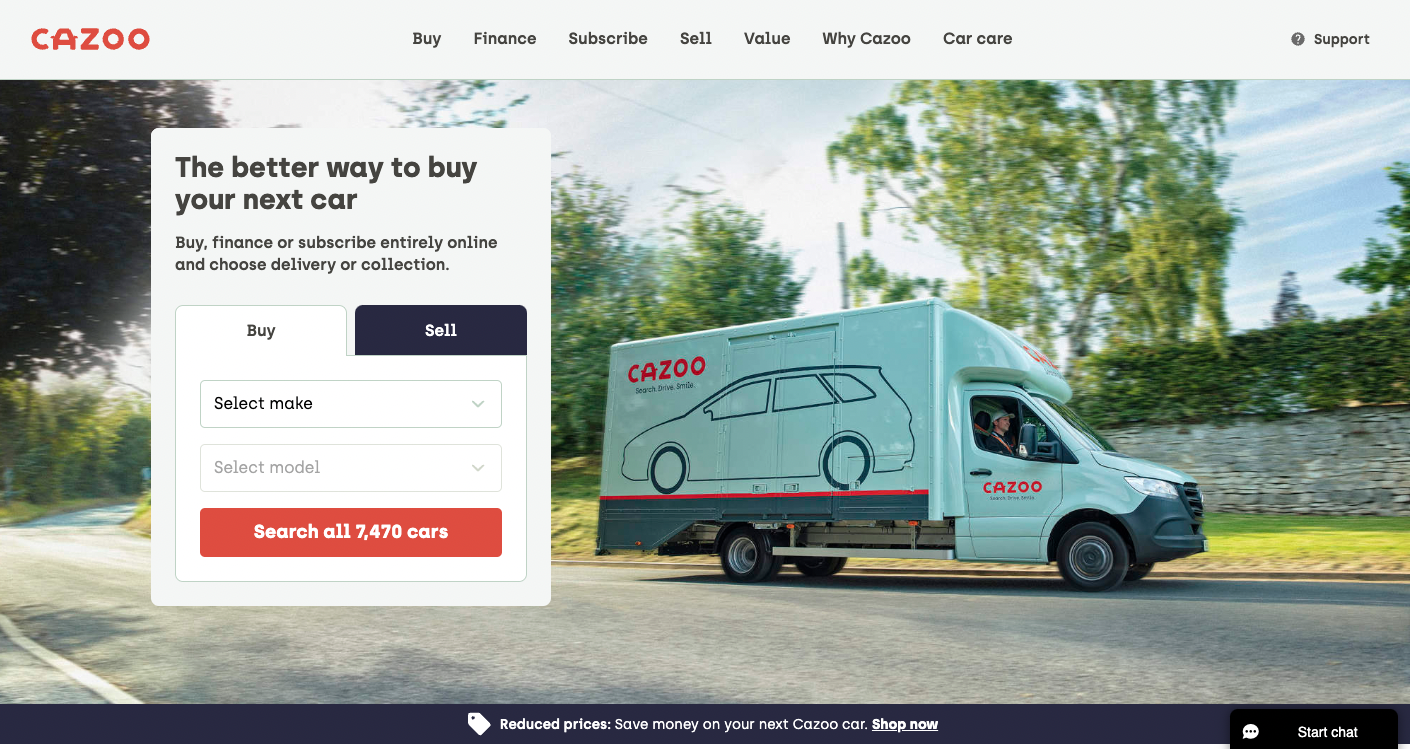 Cazoo's homepage best product led growth examples