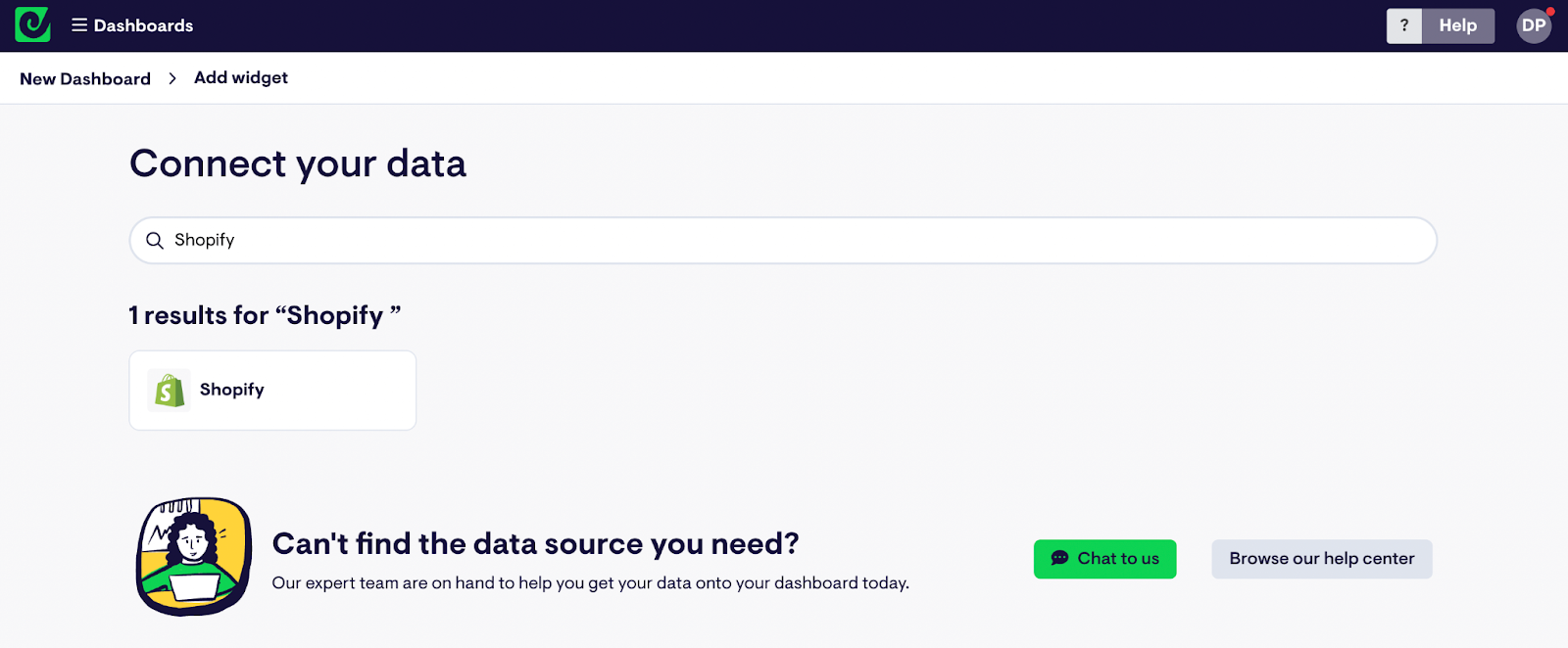 Screenshot of Shopify data source in the Geckoboard app.