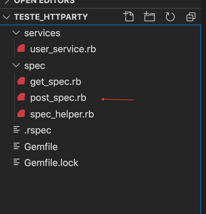 A imagem mostra o novo arquivo post_spec.rb dentro da pasta spec.