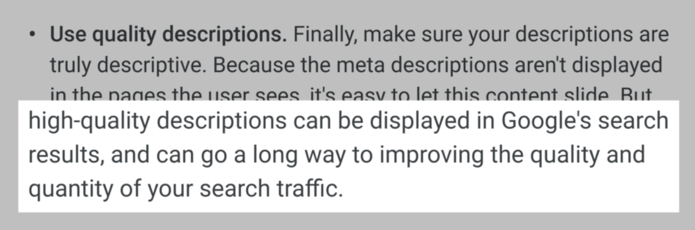 Гугл предлагает хорошо написанные описания которые могут увеличить CTR сниппета в выдаче