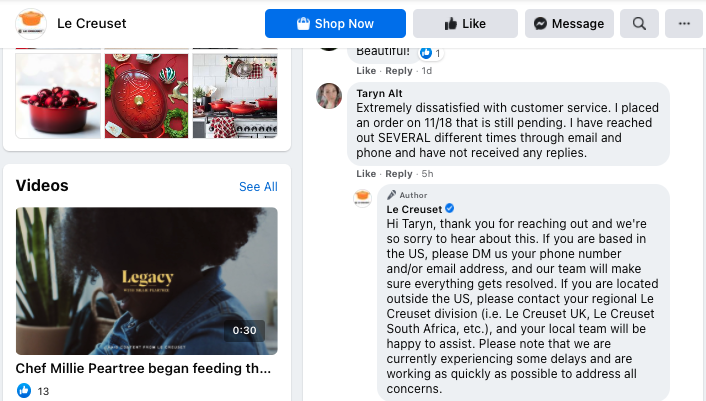 Le Creuset offers social media customer service on their Facebook page. 