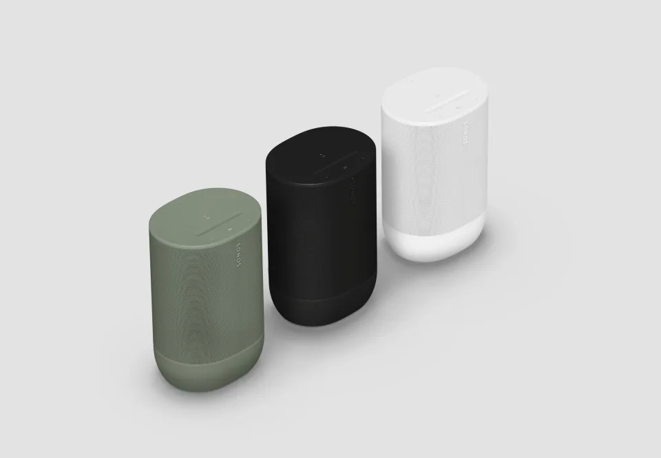 Sonos Move 2 speakers in olive, black and white finish.