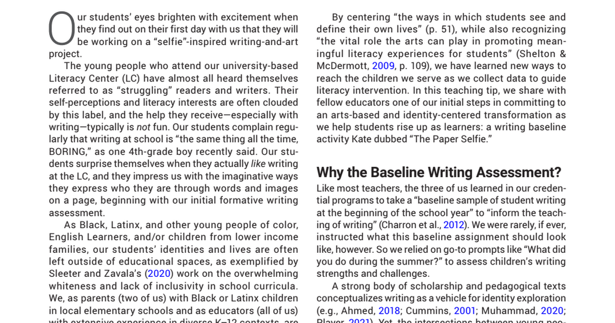 The Reading Teacher - 2022 - Sciurba - Paper Selfies Centering Students Identities in Baseline Writing.pdf
