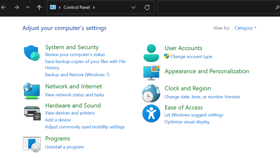 Control Panel Screenshot