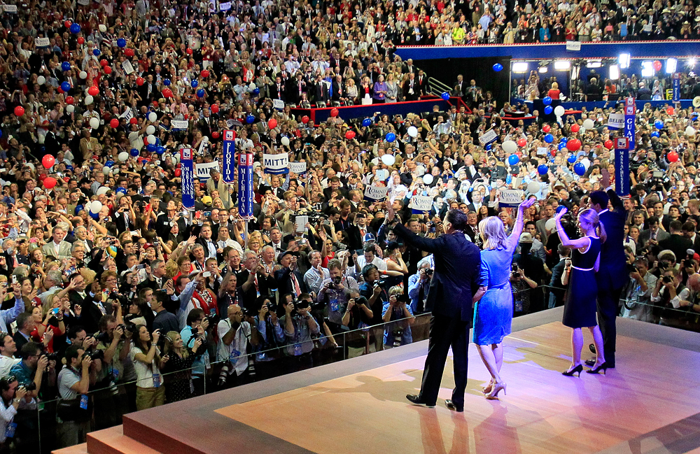 Republican presidential candidate Mitt Romney waves to the delegates at the end of the 2012 Republican National Convention in Tampa on Aug. 30, 2012. (Dirk Shadd/Tampa Bay Times)