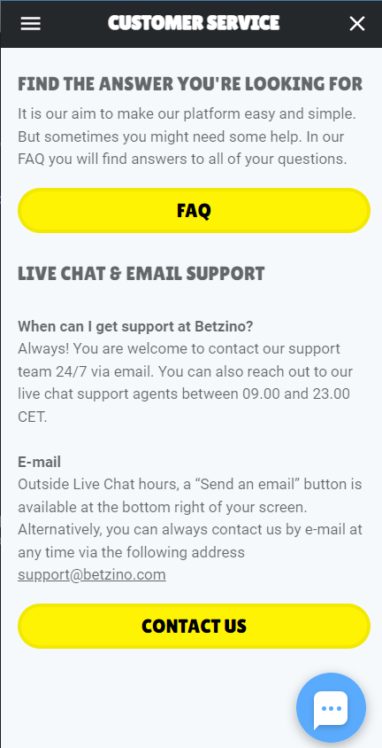 Service client Betzino Casino