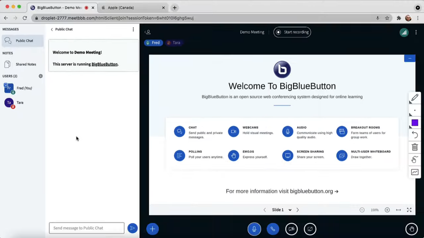 Screenshot of the BigBlueButton interface.