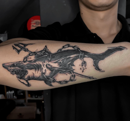 Black Work Outer Arm Fantastic Tattoo Better Shark Week