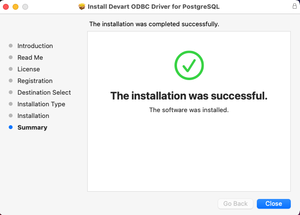 Successful installation of the PostgreSQL ODBC driver.