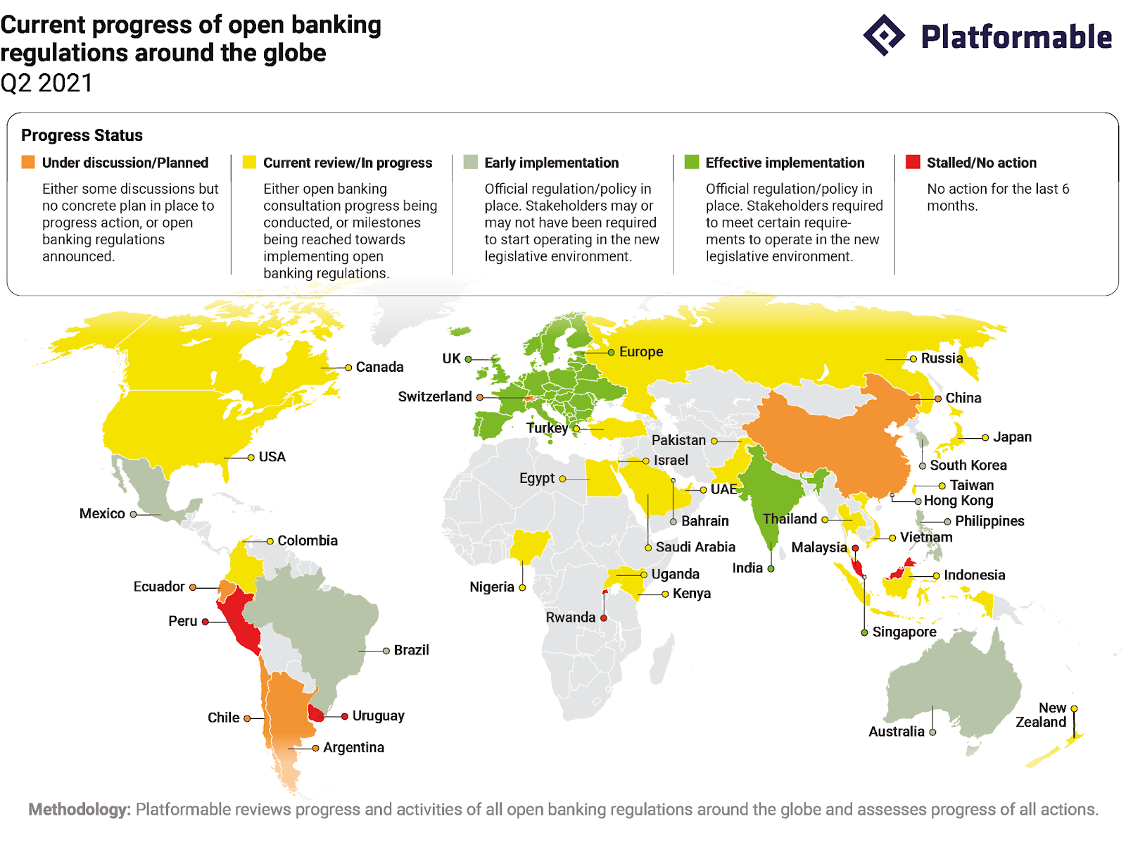 A world map showing the progress of open banking regulations.