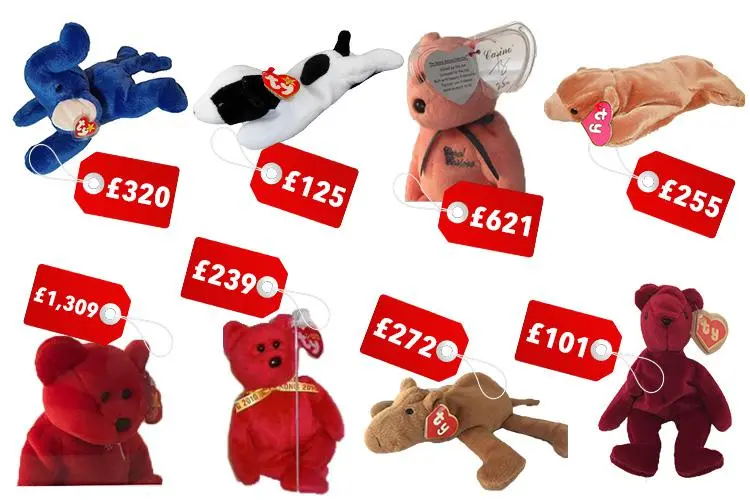 A selection of Beanie Babies with price tags ranging from £101 to £1,309.
