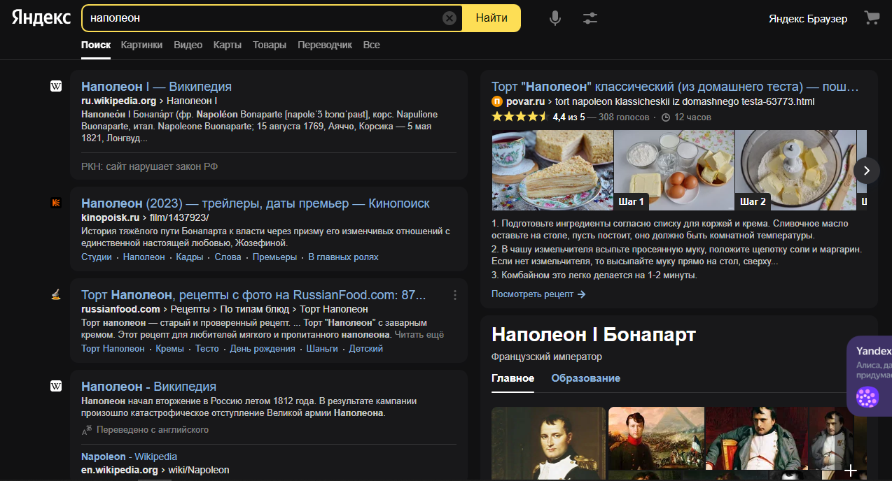 Выдача сайтов по многозначному запросу «наполеон» в Яндексе
