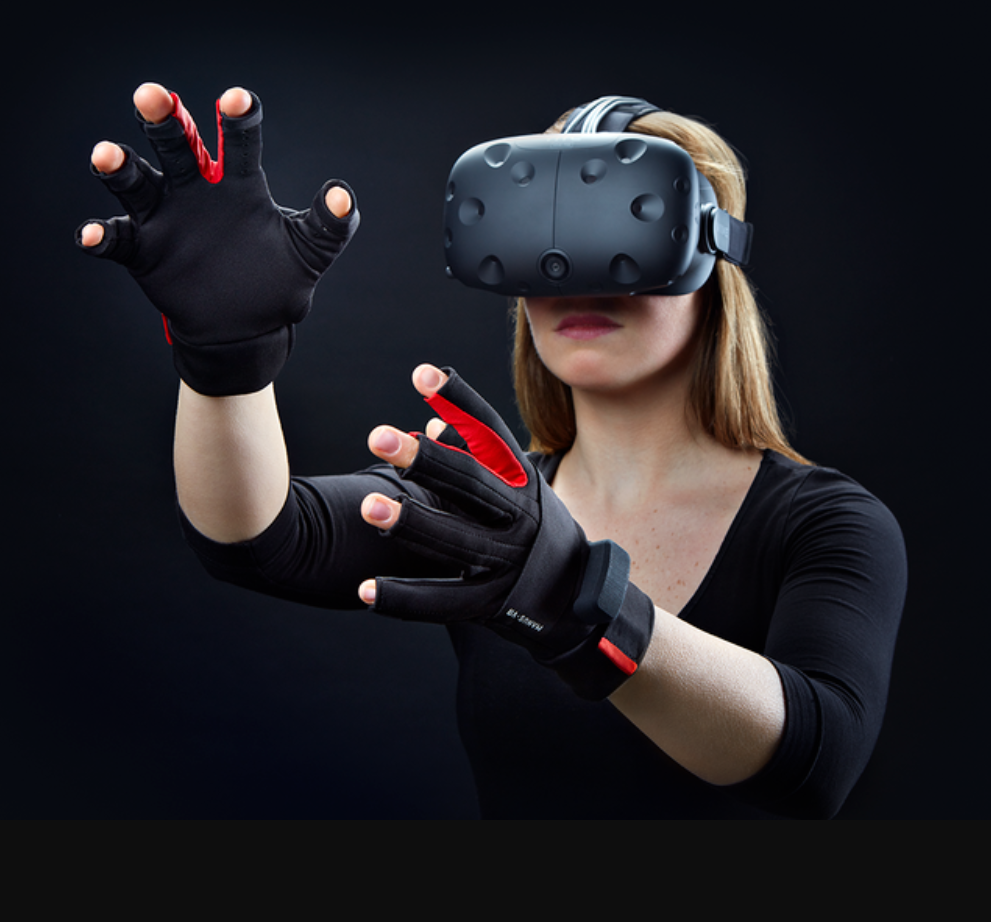 A women wearing VR goggles and glove kit