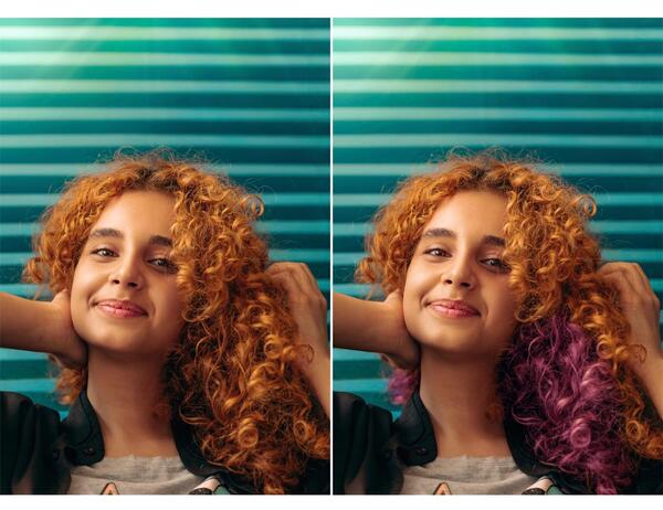 Montagem de fotos de uma mulher ruiva com cabelos encaracolados sendo editada pelo AirBrush