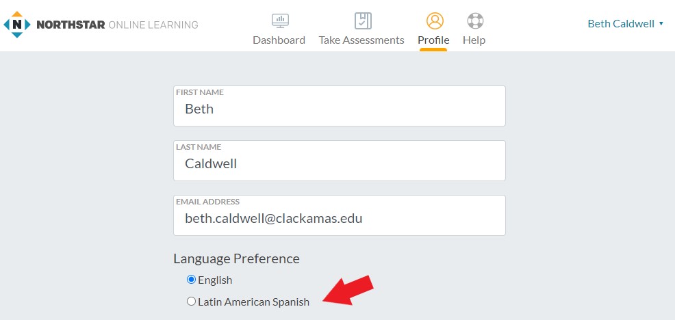 Screenshot of how to change to Spanish in your Northstar profile