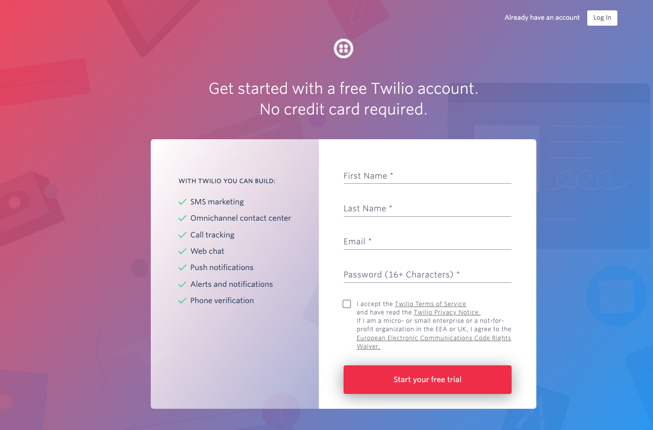 Twilio's Sign up page best product led growth examples
