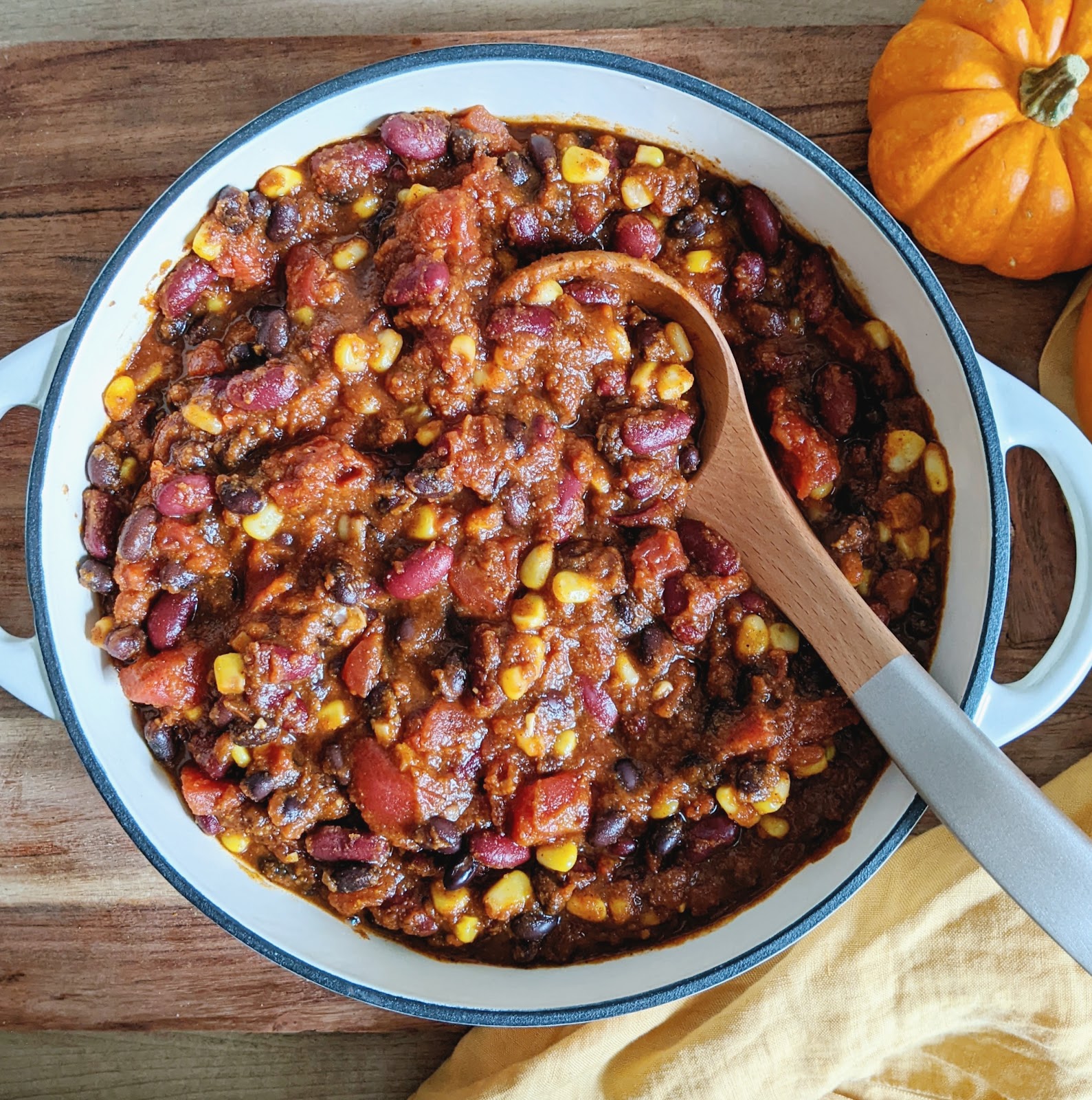 top down view of pumpkin turkey chili in a large pot