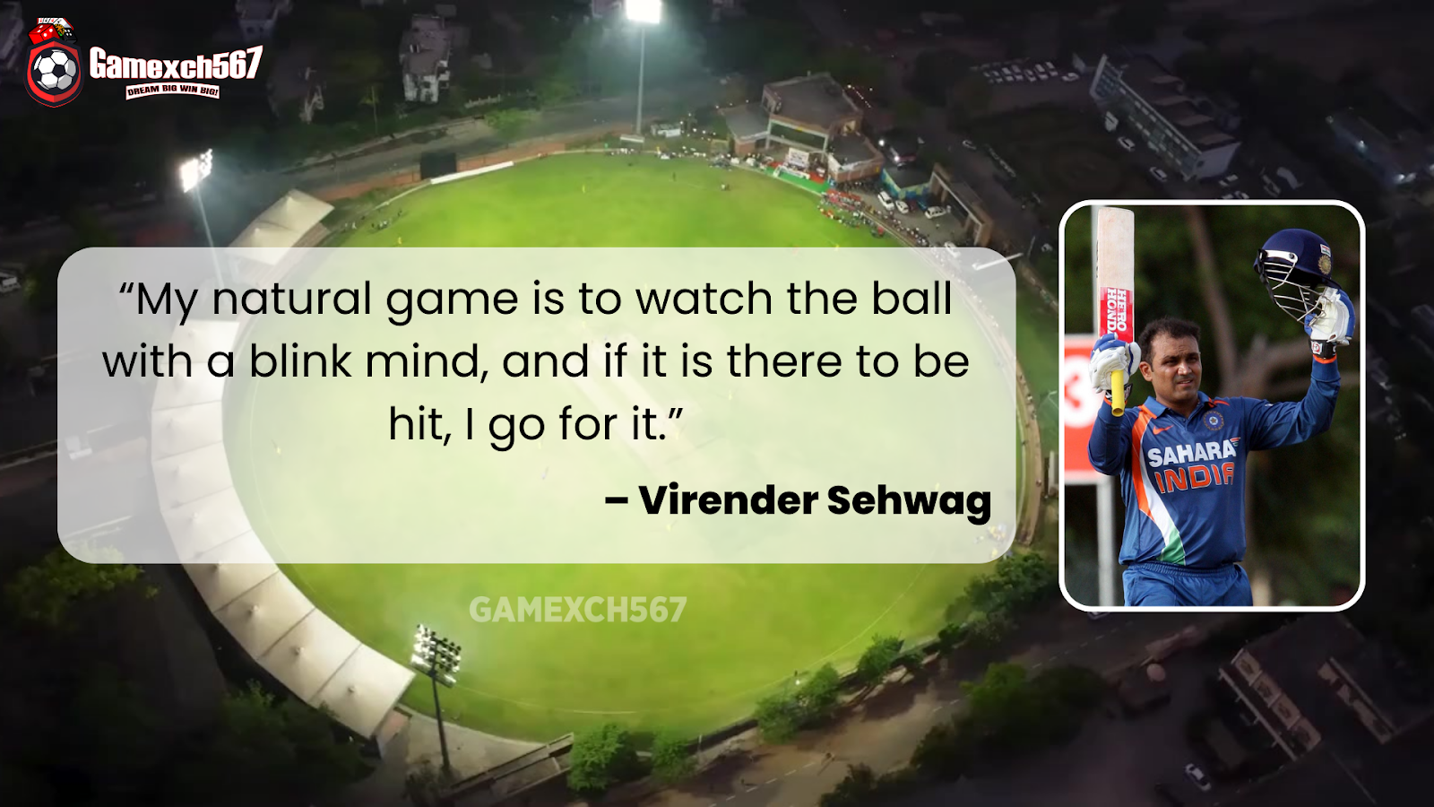 “My natural game is to watch the ball with a blink mind, and if it is there to be hit, I go for it.” – Virender Sehwag