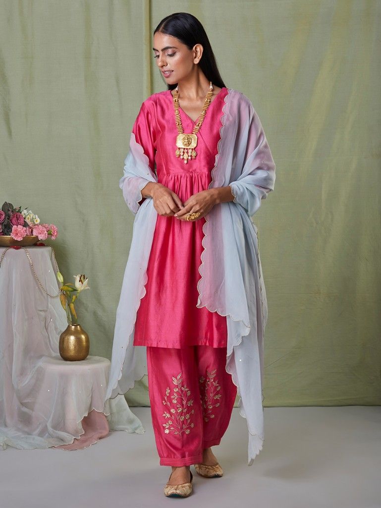 Pink Chanderi Silk Angrakha Kurta With Embroidered Pants 