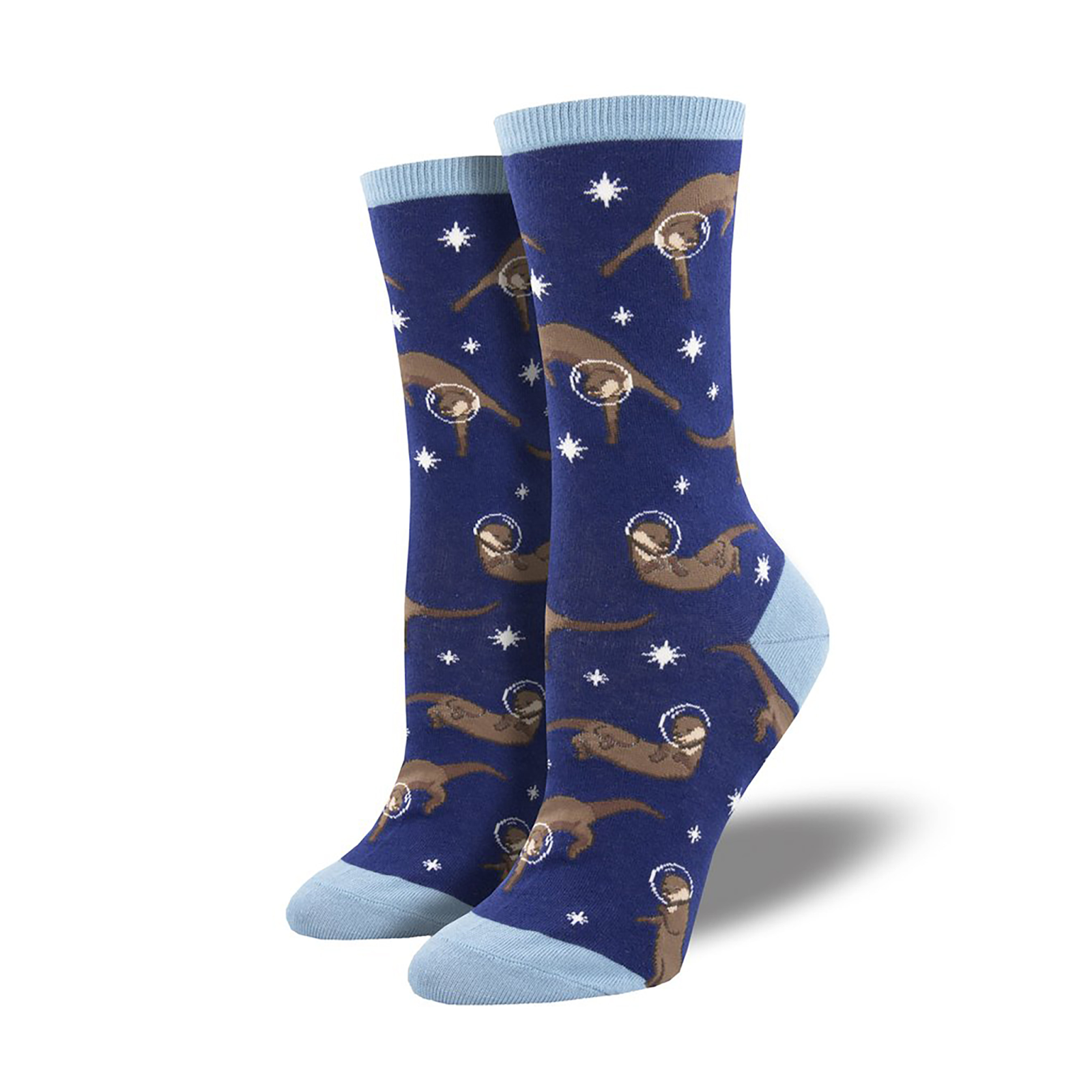 A blue pair of socks with a pattern.