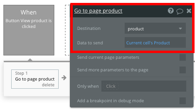 Using Bubble’s workflow editor to create a product navigation event