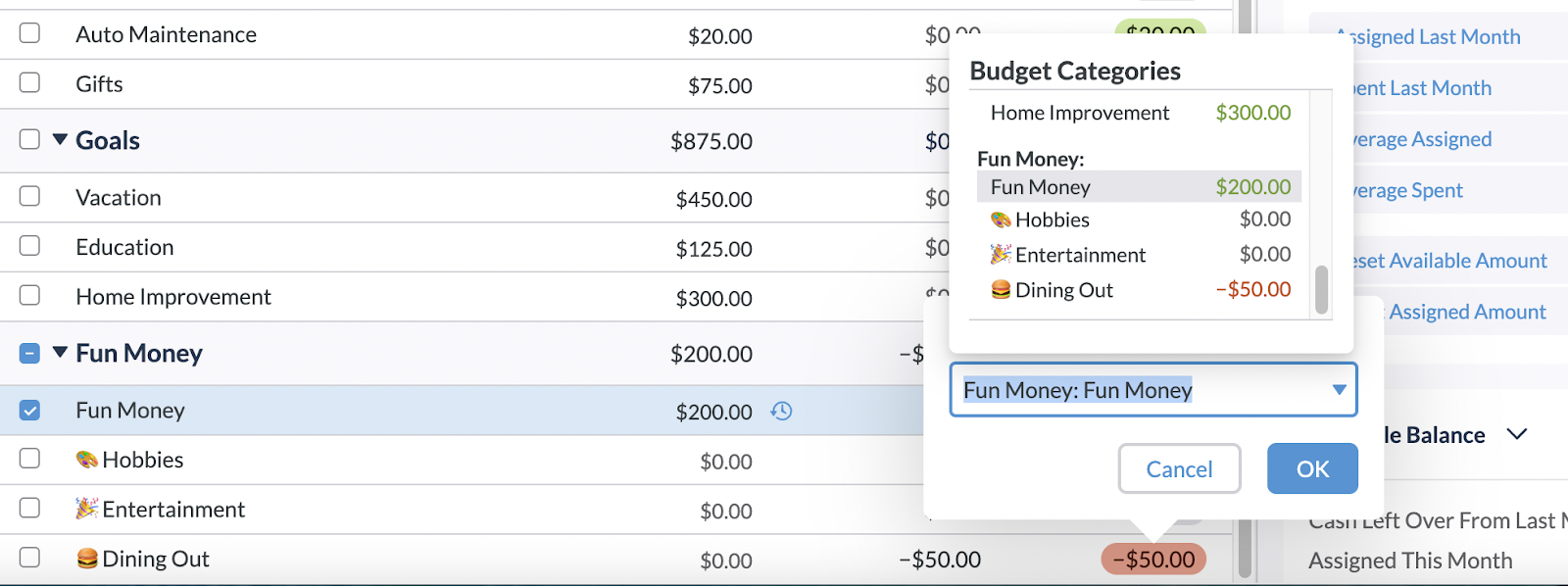 A screenshot shows money being moved from the "assigned" category to cover spending in subcategories.