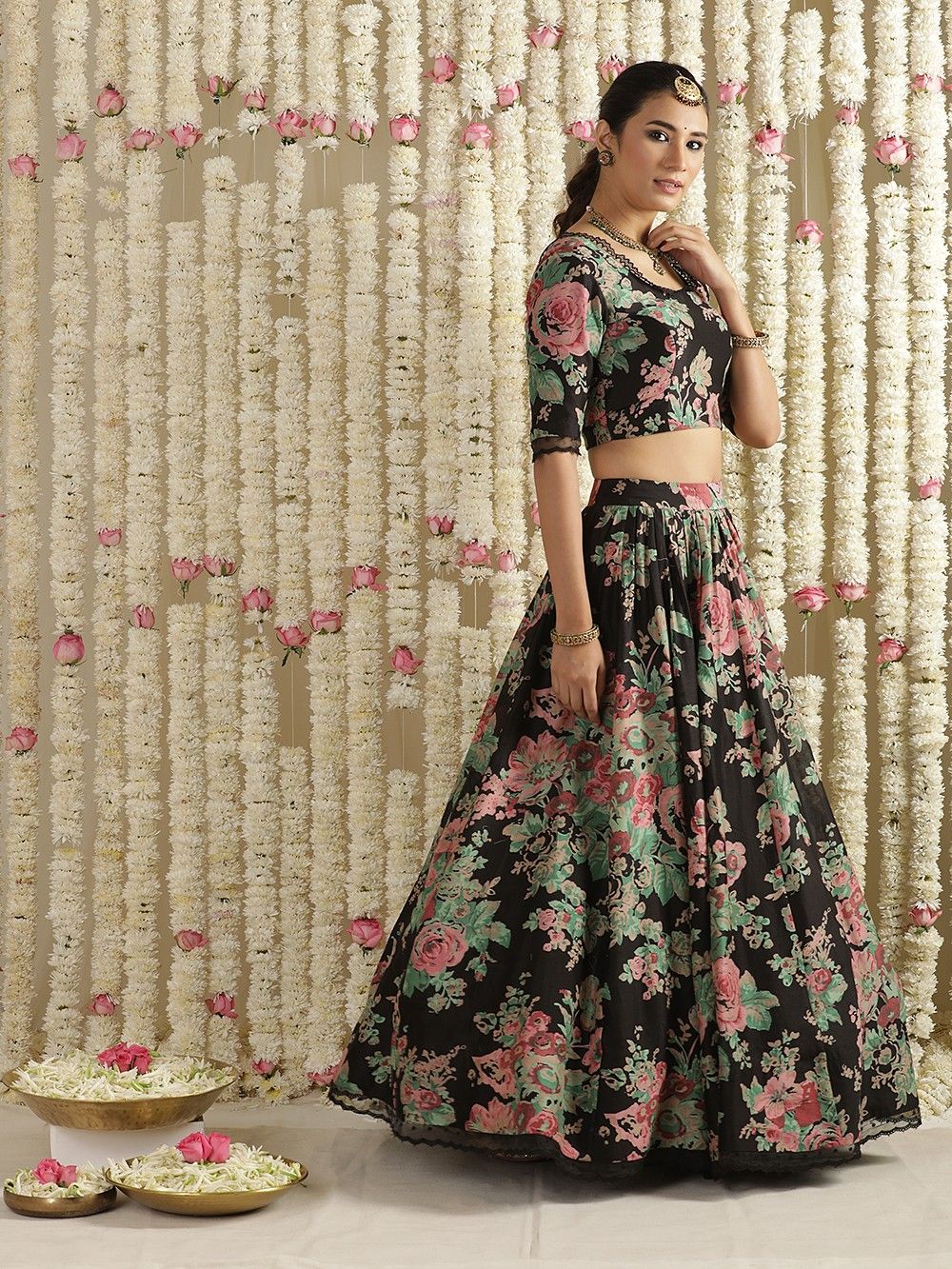 the loom - Black Floral Printed Chanderi Lehenga