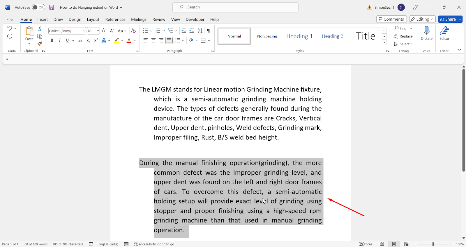 How to do hanging indent on Word- final result