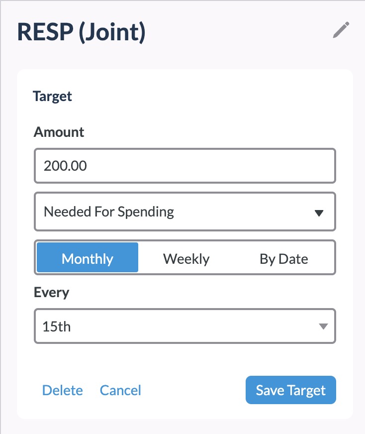 Una captura de pantalla de una meta de ahorro mensual de $200 para cumplir con las metas de inversión. 