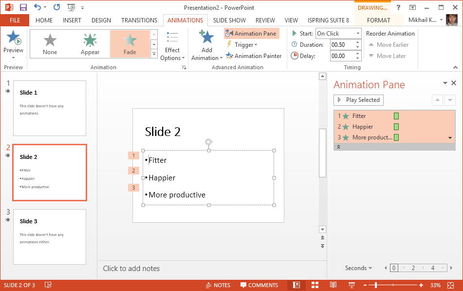 PowerPoint view of the slide that has 3 bullets with Fade In animations.