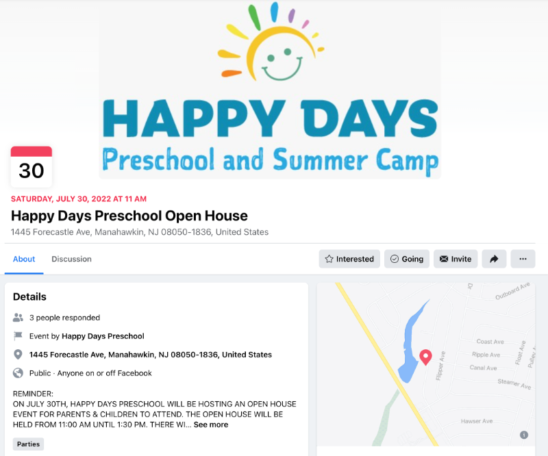 Happy Days Preschool Open House Facebook event page